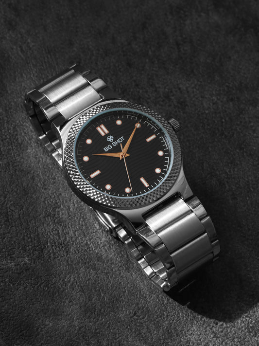 Men’s Black Textured Dial Analog Watch with Silver Stainless Steel Strap - BSM007B