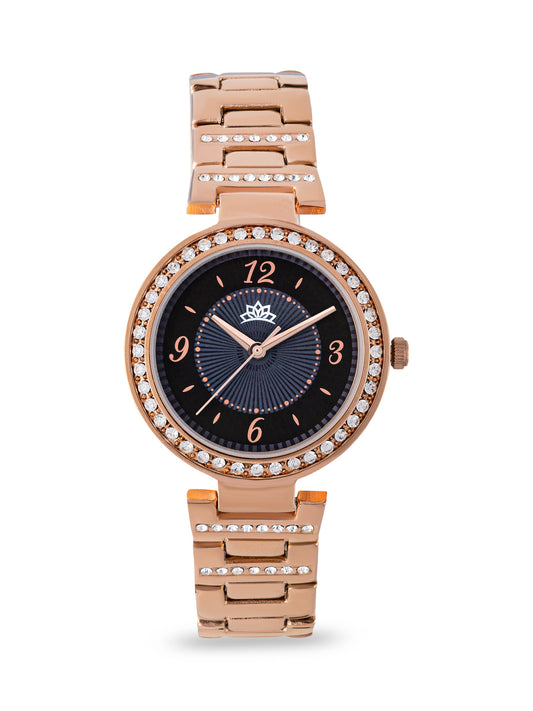 Dhyara Women’s Elegant Black Dial with Rose Gold Metal Strap & Crystal Bezel Watch - D004E