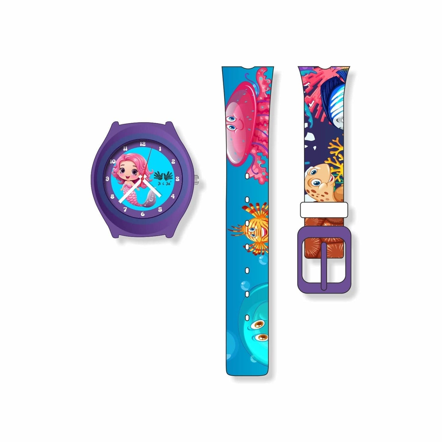 Kids Analog Watch Mermaid Ocean Print Strap with Blue Dial Mermaid
