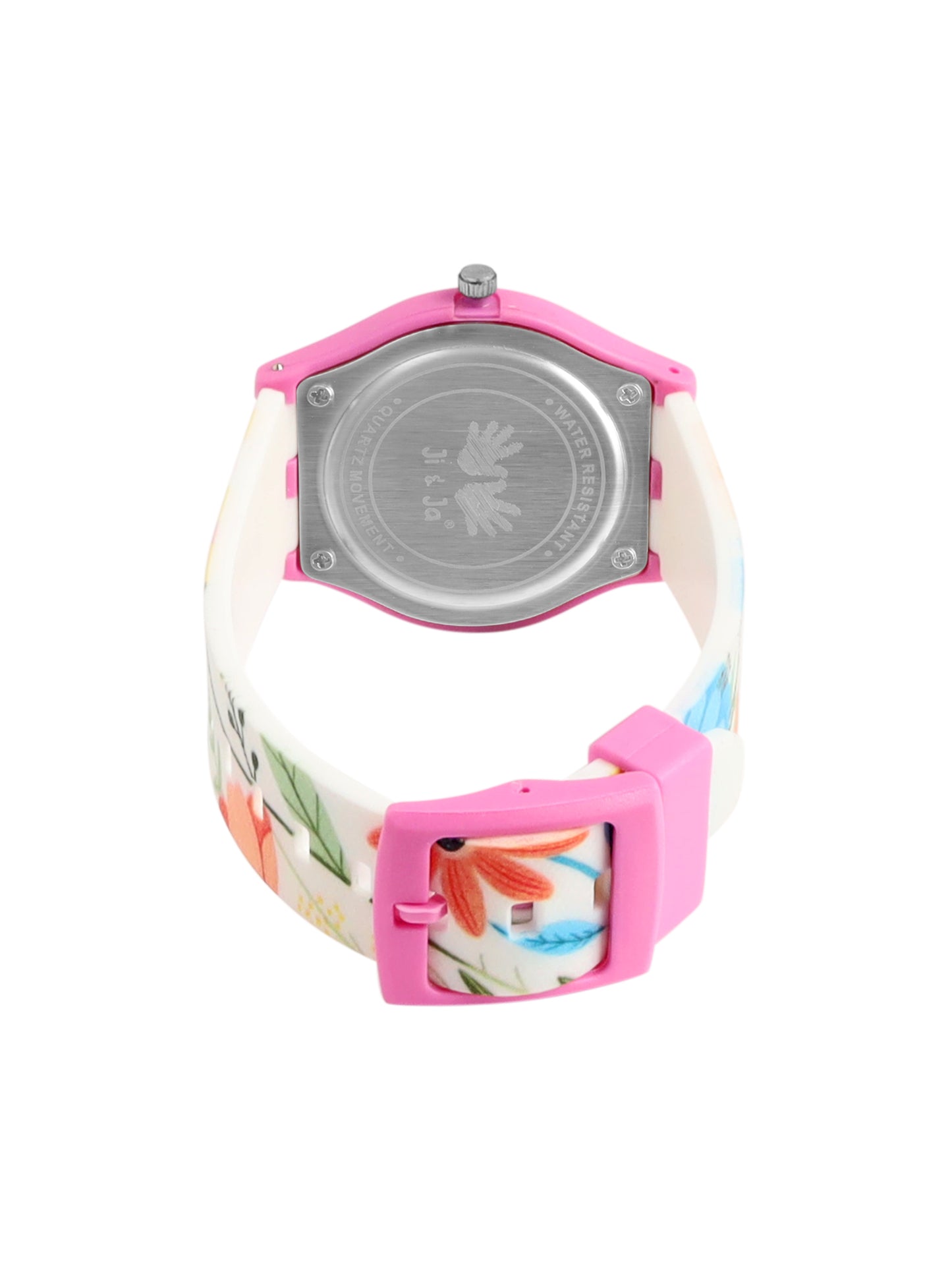 Kids’ White Dial Analog Watch with Floral Silicone Strap & Pink Case - JJ218