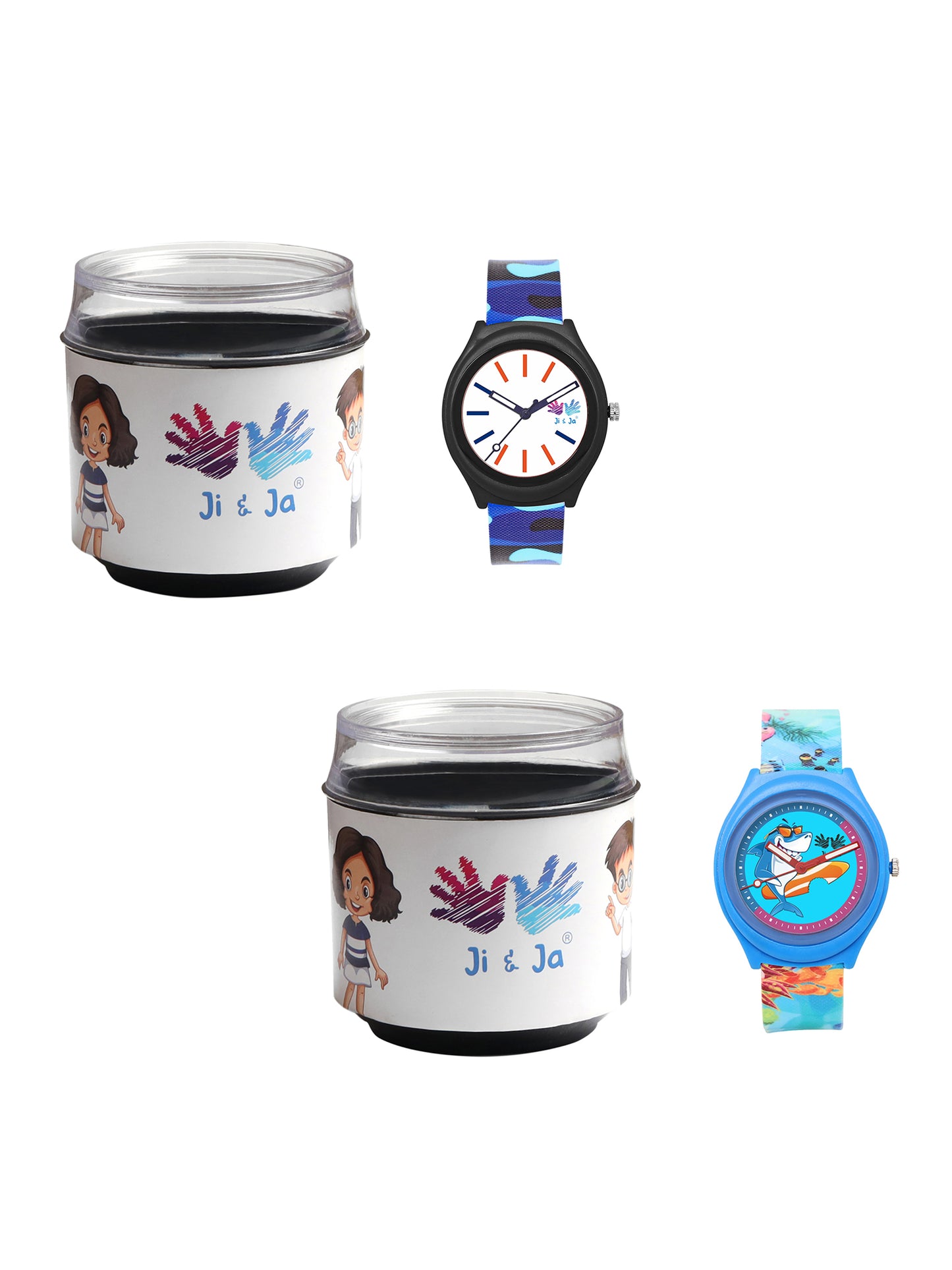 Kids’ Combo Pack Analog Watches – Camouflage Style & Shark Cartoon Design - JJ114116