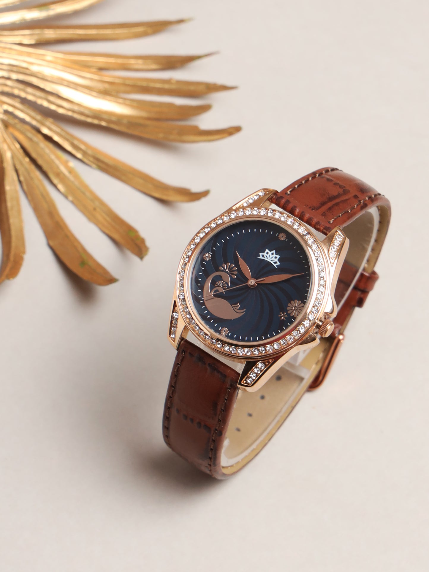 Women’s Elegant Blue Dial with Brown Leather Strap and Crystal Rose Gold Case - D009A