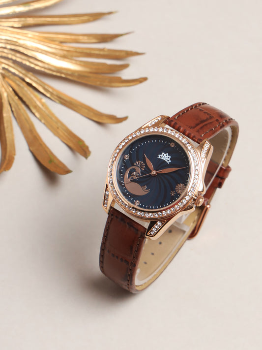 Women’s Elegant Blue Dial with Brown Leather Strap and Crystal Rose Gold Case - D009A