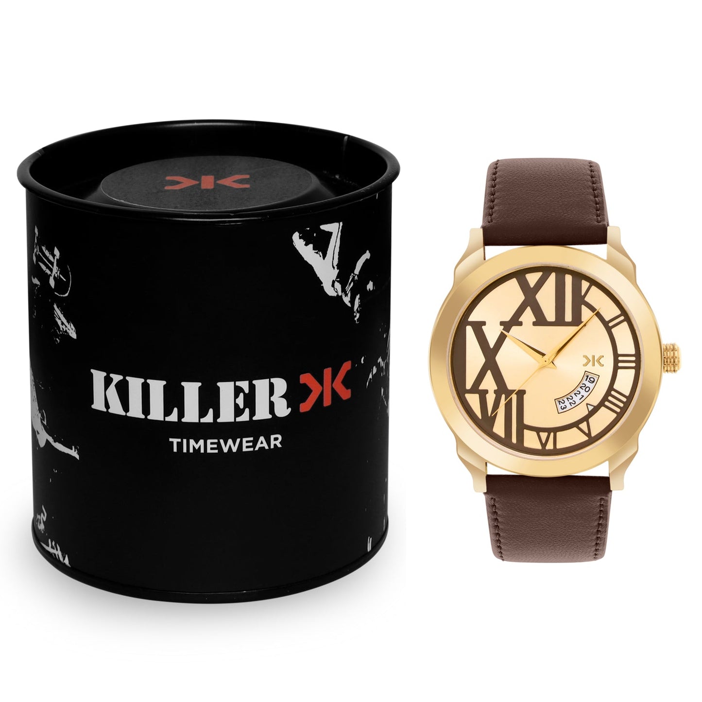 Men's Gold Brown Leather Strap Date Watch KLMO80I