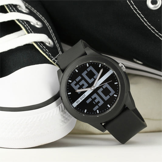 Men’s Black Dial Analog Watch with Digital-Style Markers & Black Silicone Strap - BSM020E