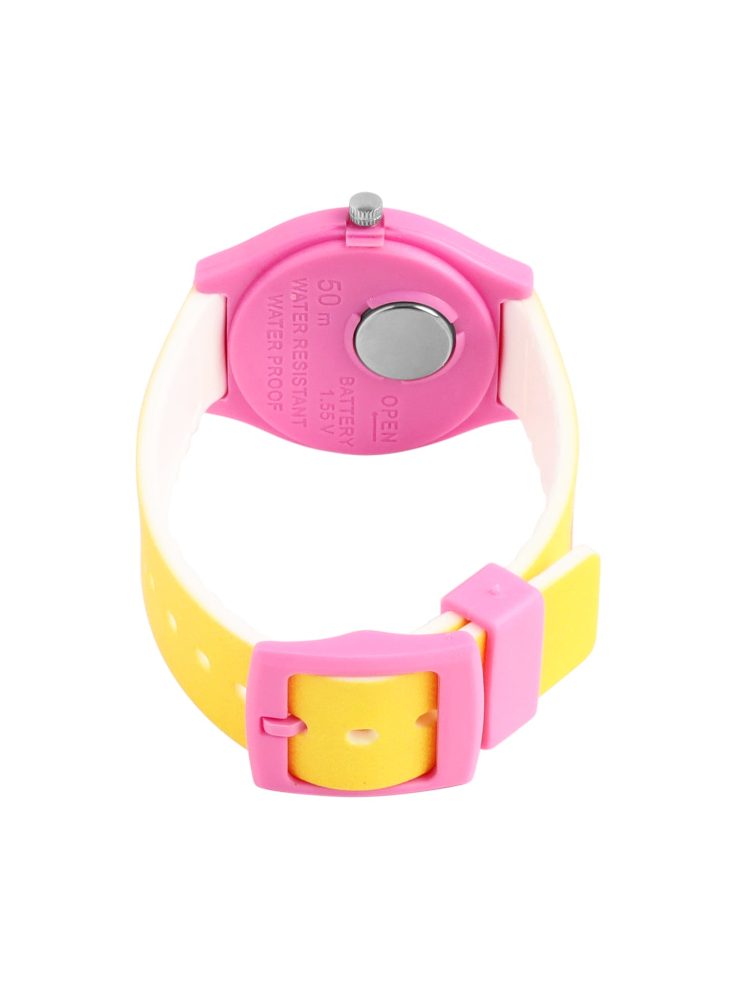 Kid’s White Dial Analog Watch with Pink Case & Yellow Printed Silicone Strap - JJ229
