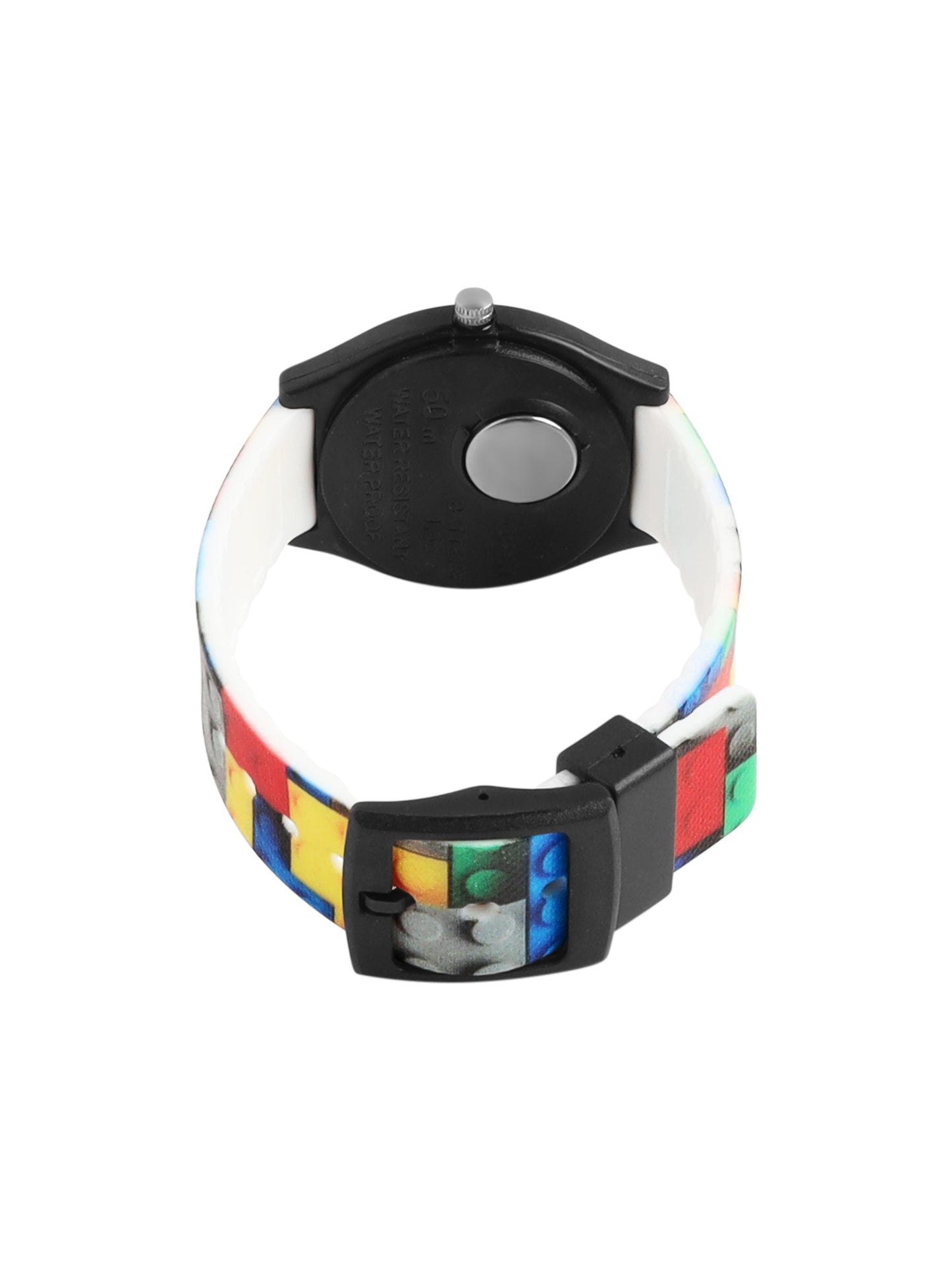 Kids’ White Dial Analog Watch with Black Case and Colorful Block Print Silicone Strap - JJ223