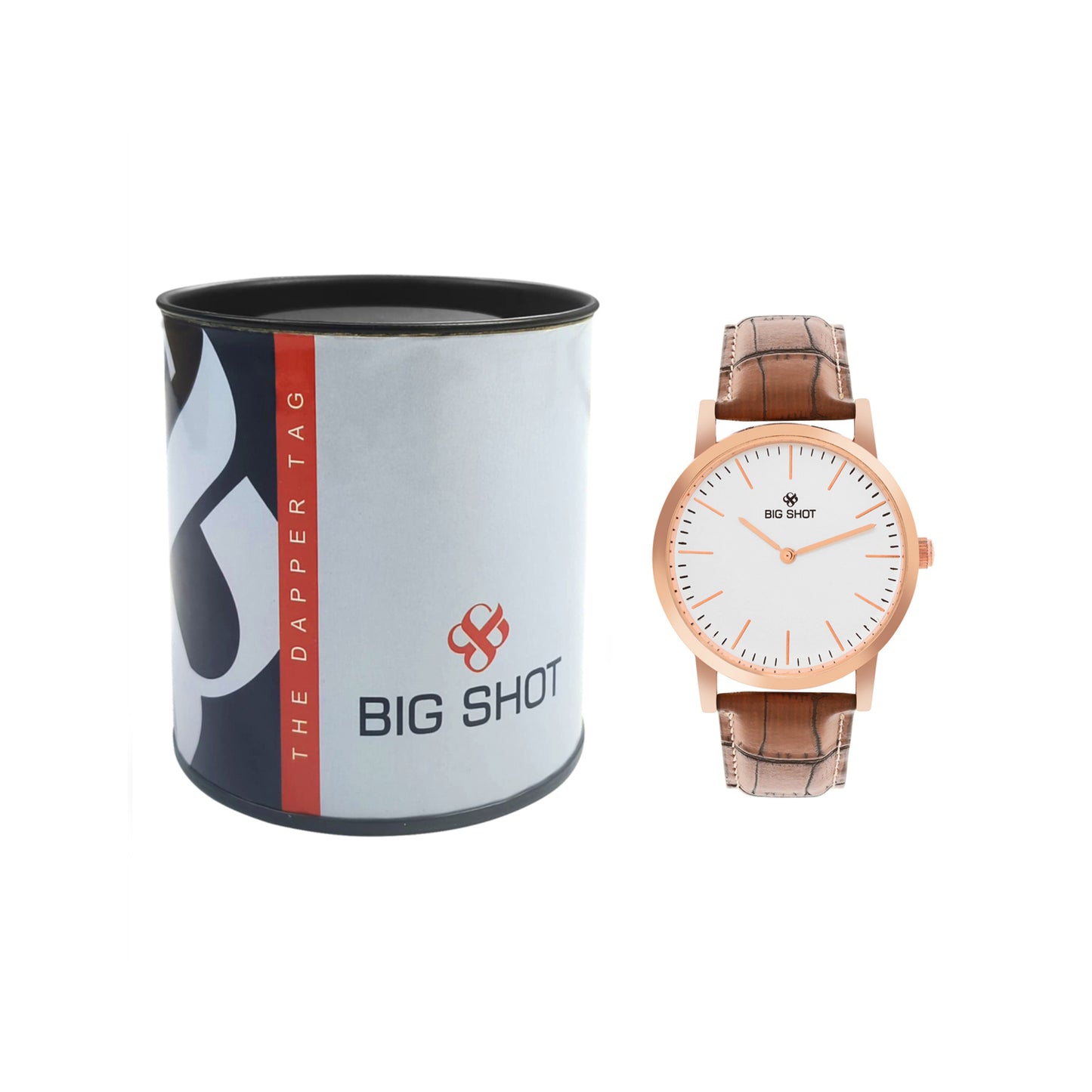 Men’s Classic White Dial Analog Watch with Rose Gold Case & Brown Leather Strap - BSM001D