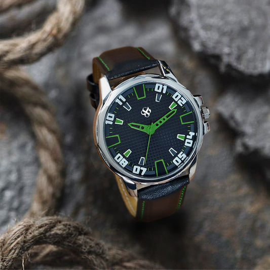 Men’s Black Dial with Green Accents and Black Leather Strap Analog Watch - BSM073G