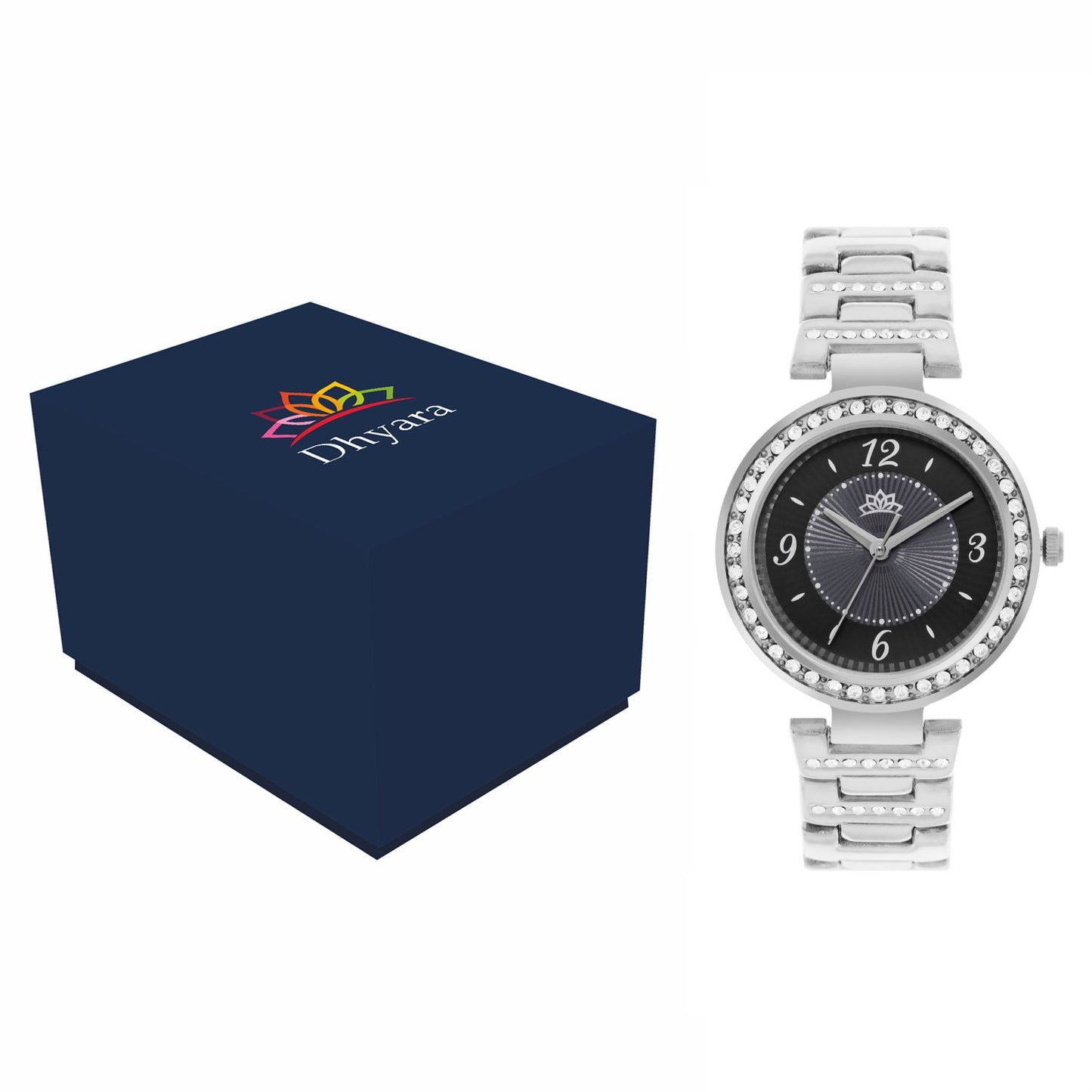 Women’s Black Dial Silver Bracelet Watch with Crystal Bezel - D004A
