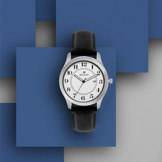 Men’s White Dial Analog Watch with Black Leather Strap & Silver Case - BSM072C