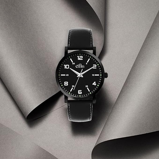 Sleek All Black Analog Black Leather Strap Watch for Men ELFM003B