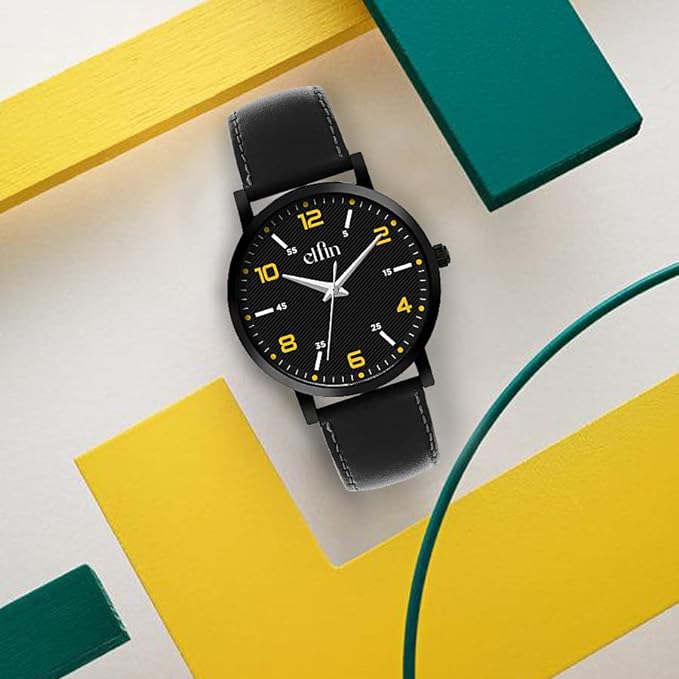 Sleek Black Analog Black Leather Strap Watch for Men ELFM003D