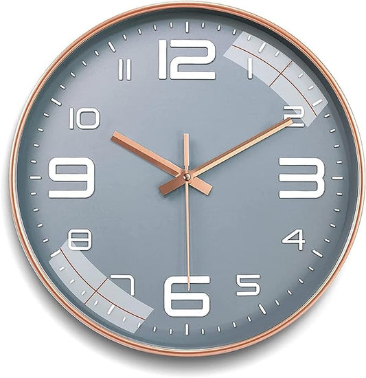 Silent Quartz Non Ticking Gold Grey Round Wall Clock in 12 Inches