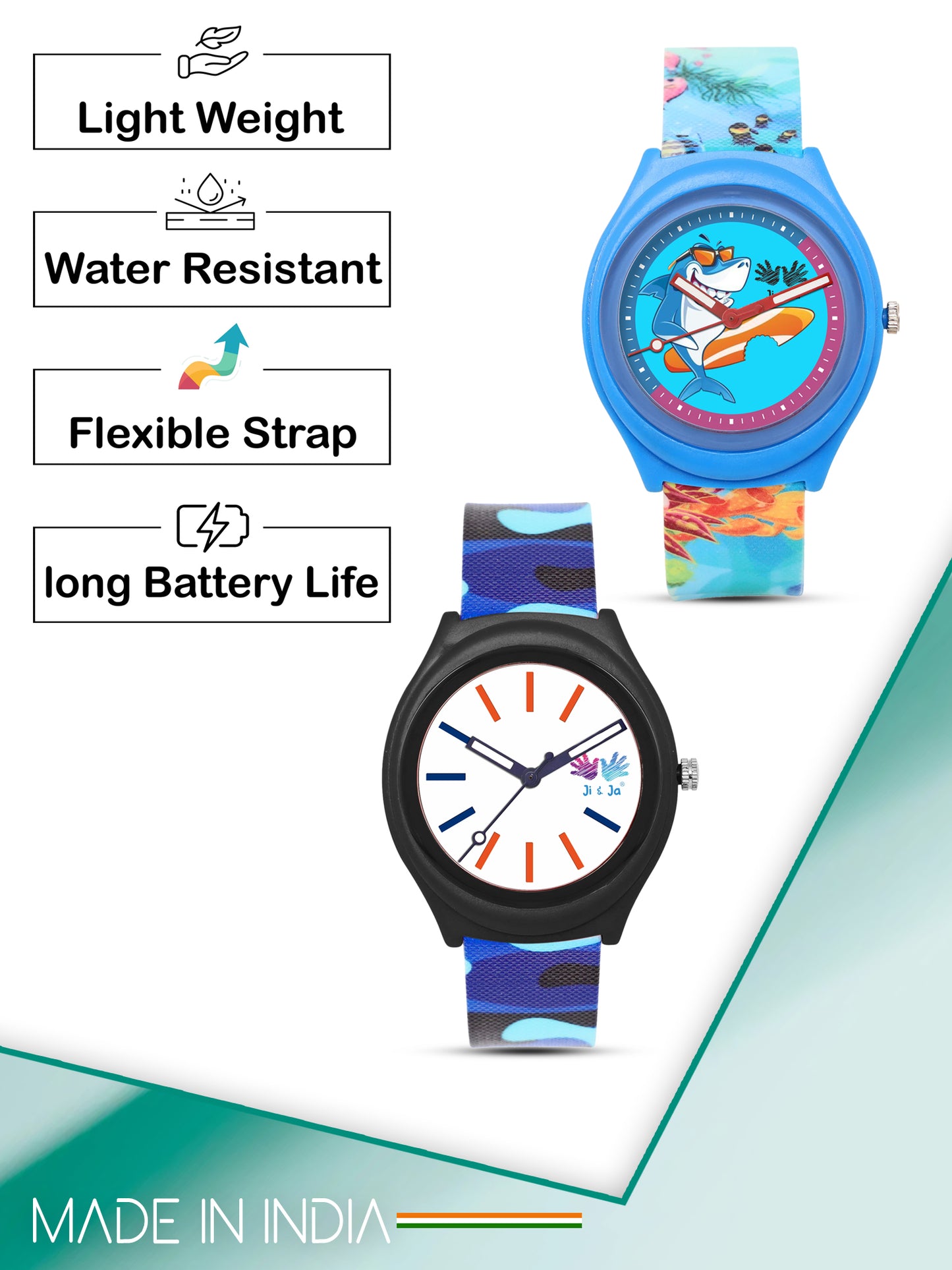 Kids’ Combo Pack Analog Watches – Camouflage Style & Shark Cartoon Design - JJ114116