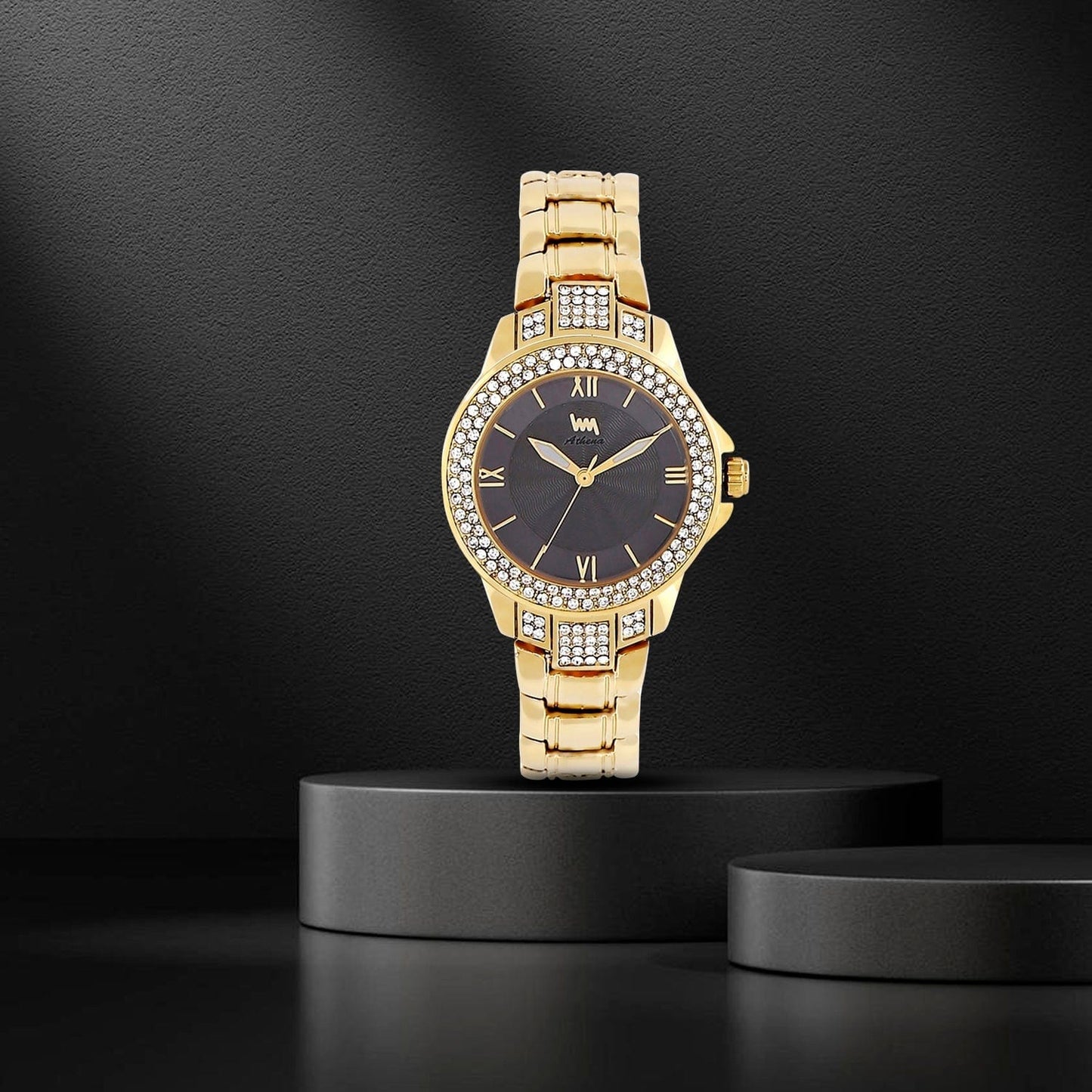 Women's Gold Bling, Grey Dial, Gold Diamond studded Solid Link Bracelet Watch LWW111A