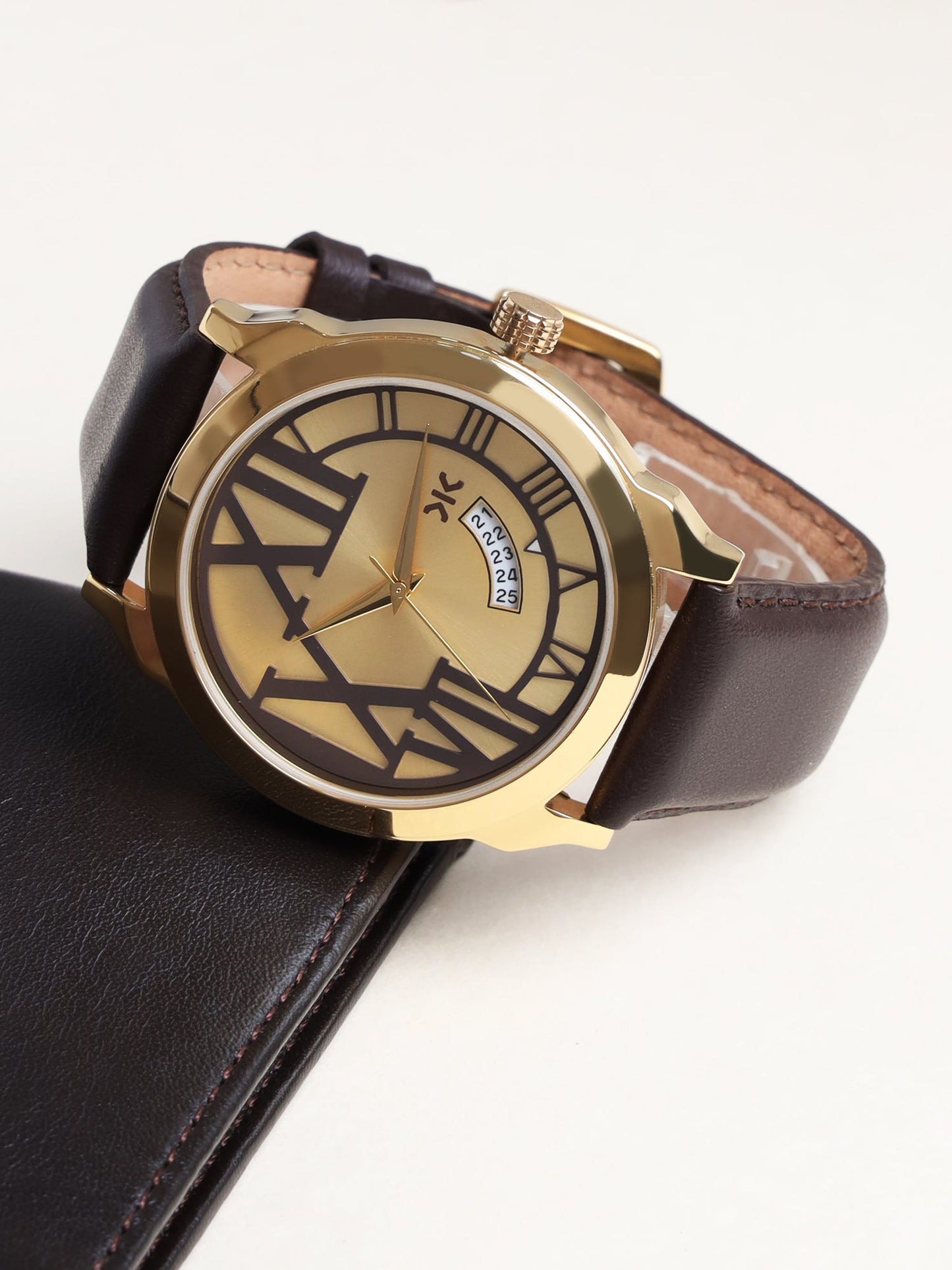 Men's Gold Brown Leather Strap Date Watch KLMO80I