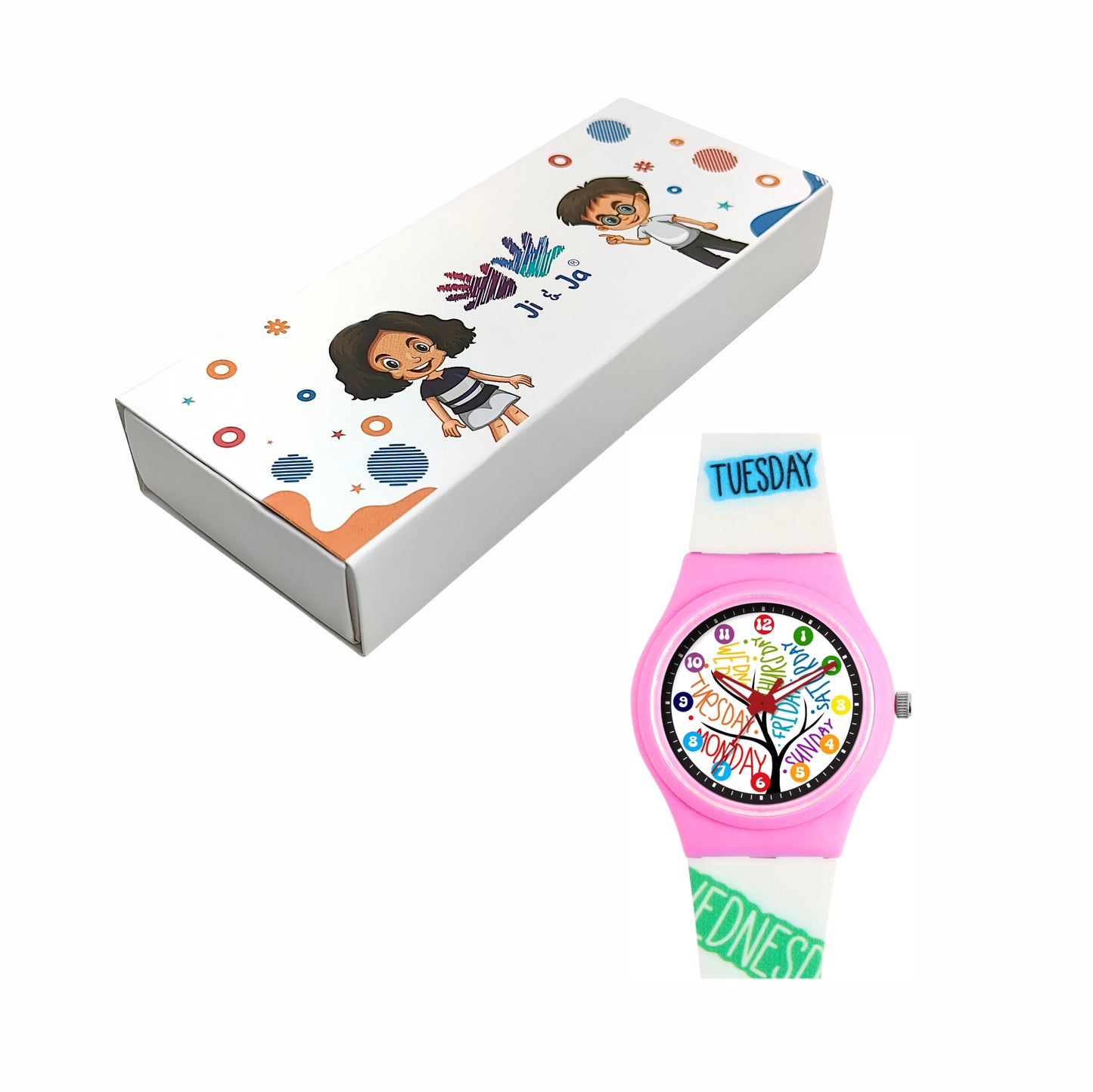 Kids’ White Dial Analog Watch with Days of the Week Silicone Strap & Pink Case - JJ221