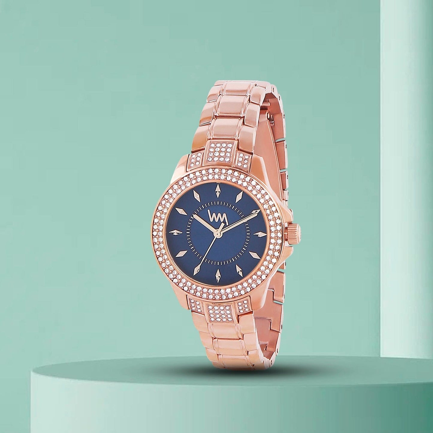 Women's Rose Gold Bling, Blue Dial, Rose Gold Diamond studded Solid Link Bracelet Watch LWWI106E