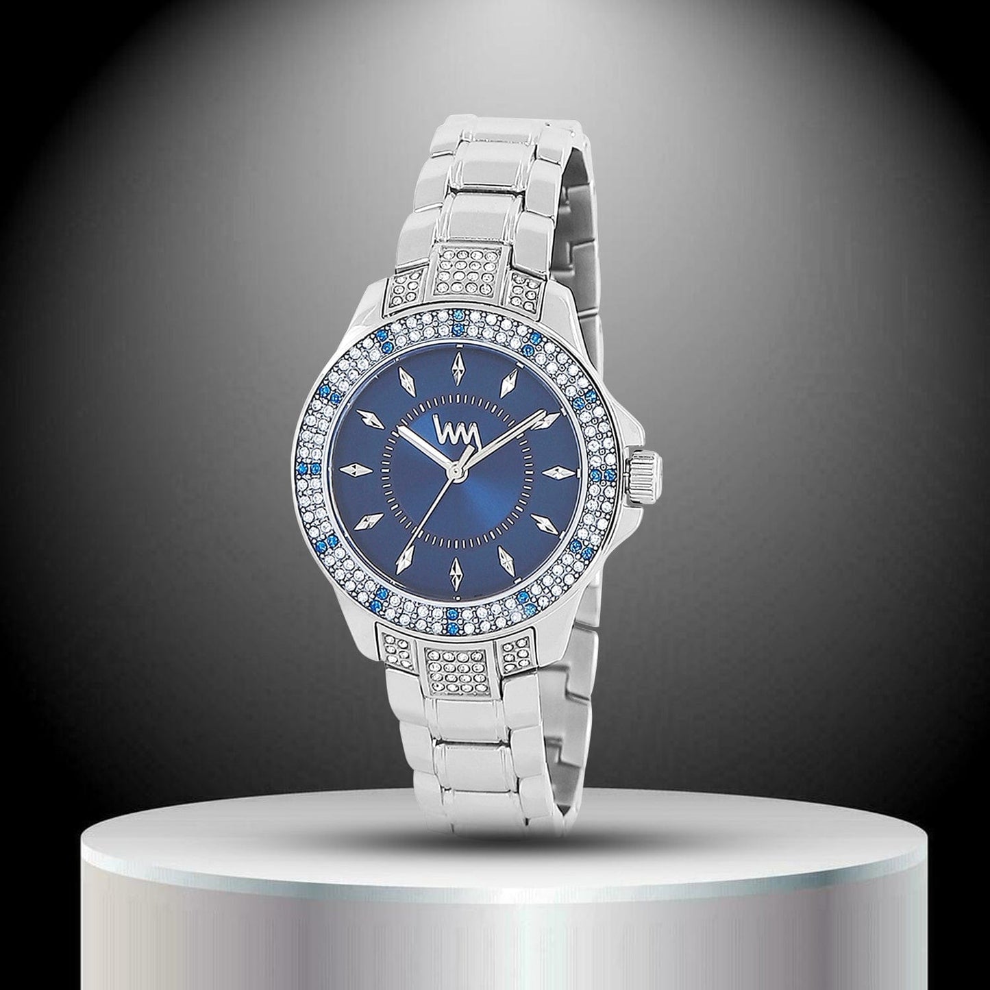 Women's Silver Bling, Blue Dial, Silver Diamond studded Solid Link Bracelet Watch  LWWI106C