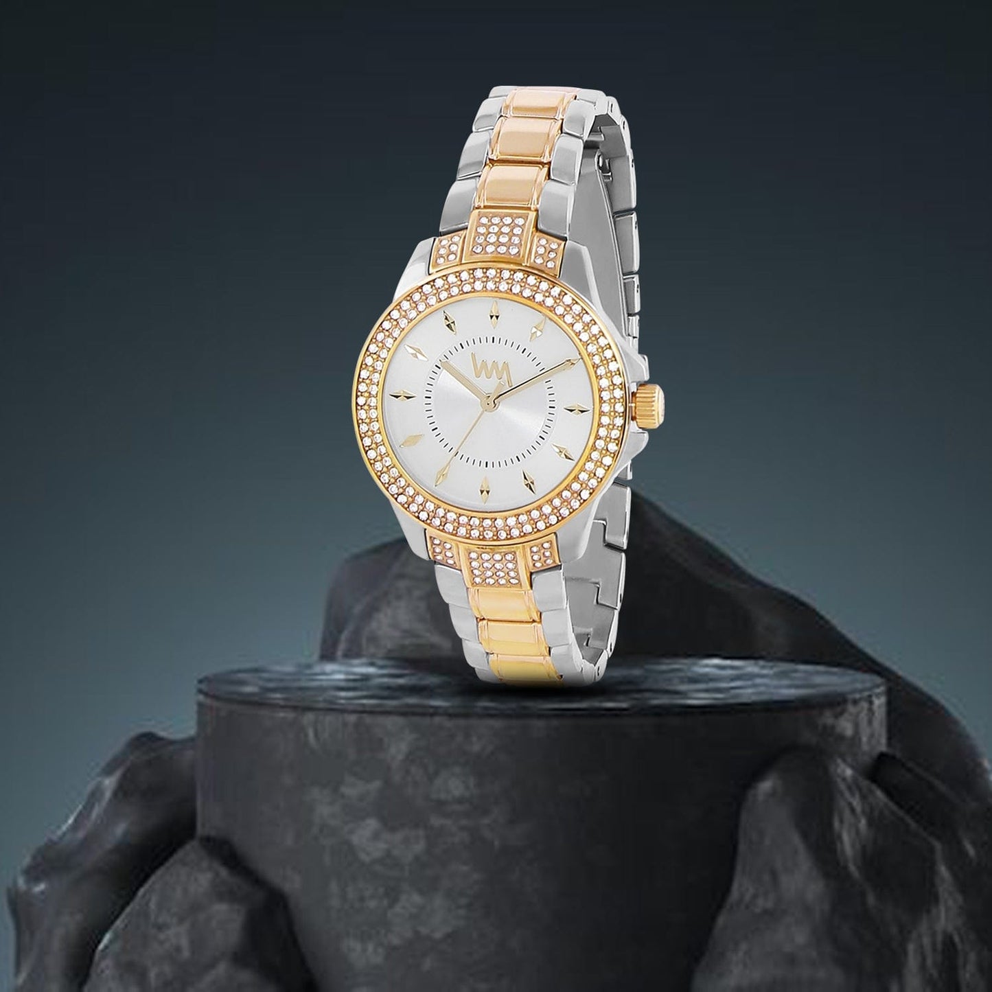 Women's Two Tone Gold Silver Bling, Silver Dial, Two Tone Gold Silver Diamond studded Solid Link Bracelet Watch LWWI106F