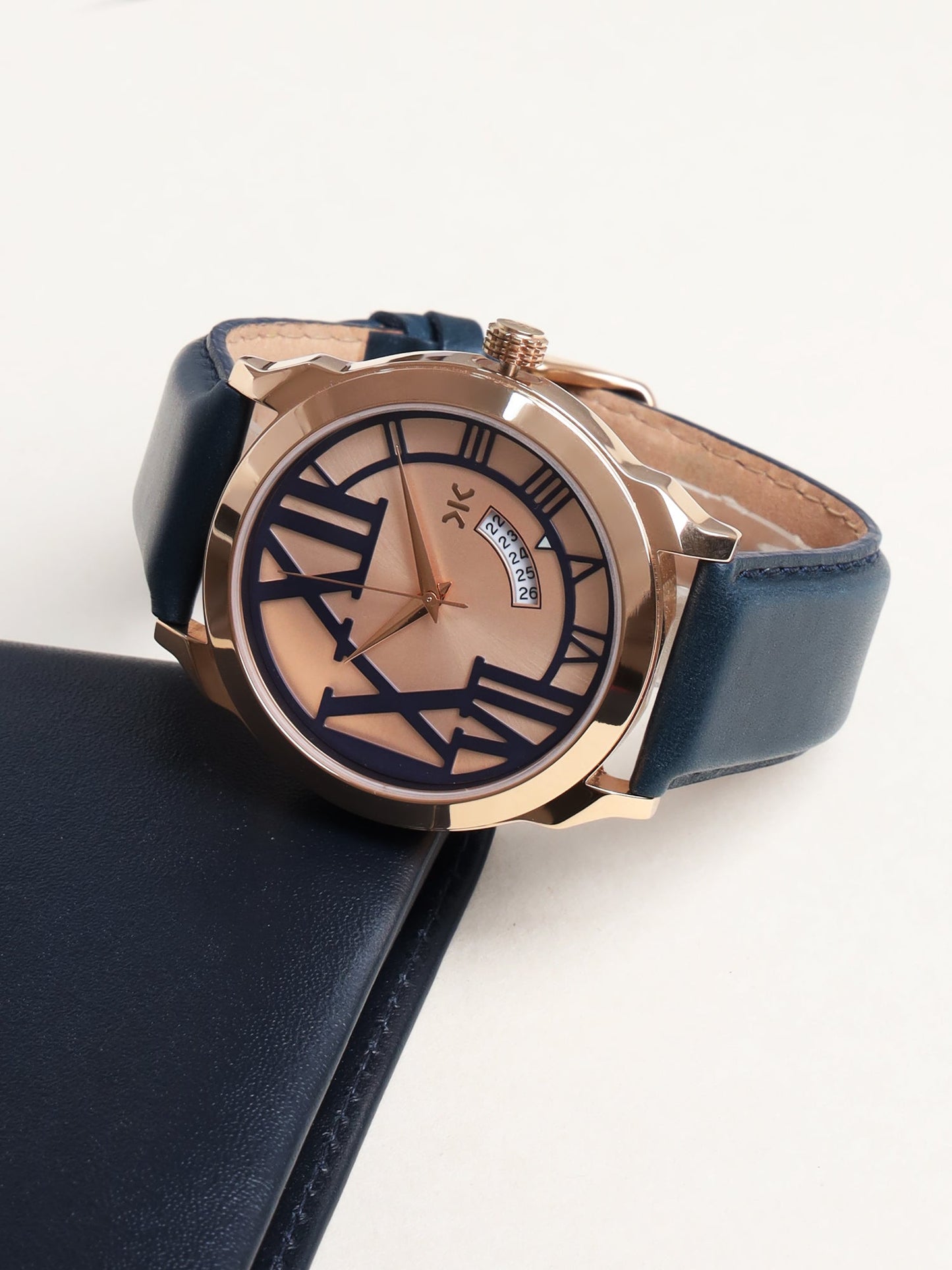 Men's Rose Gold Blue Leather Strap Date Watch KLMO80G