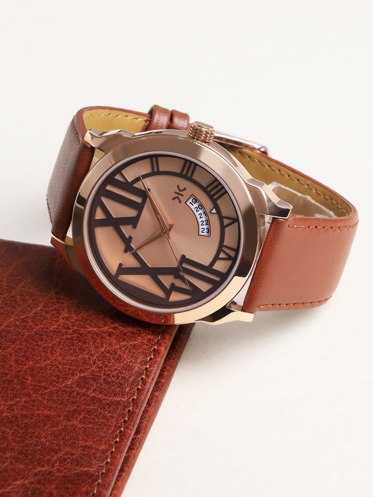 Men's Rose Gold Brown Leather Strap Date Watch KLMO80H