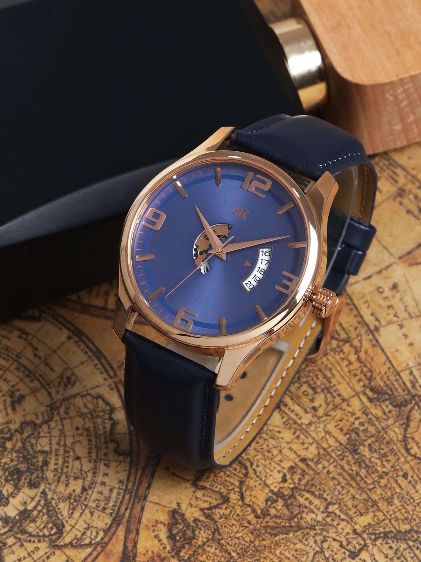 Men's Rose Gold Case, Blue Skeleton Dial, Blue Leather Strap, Date Watch KLMO103A