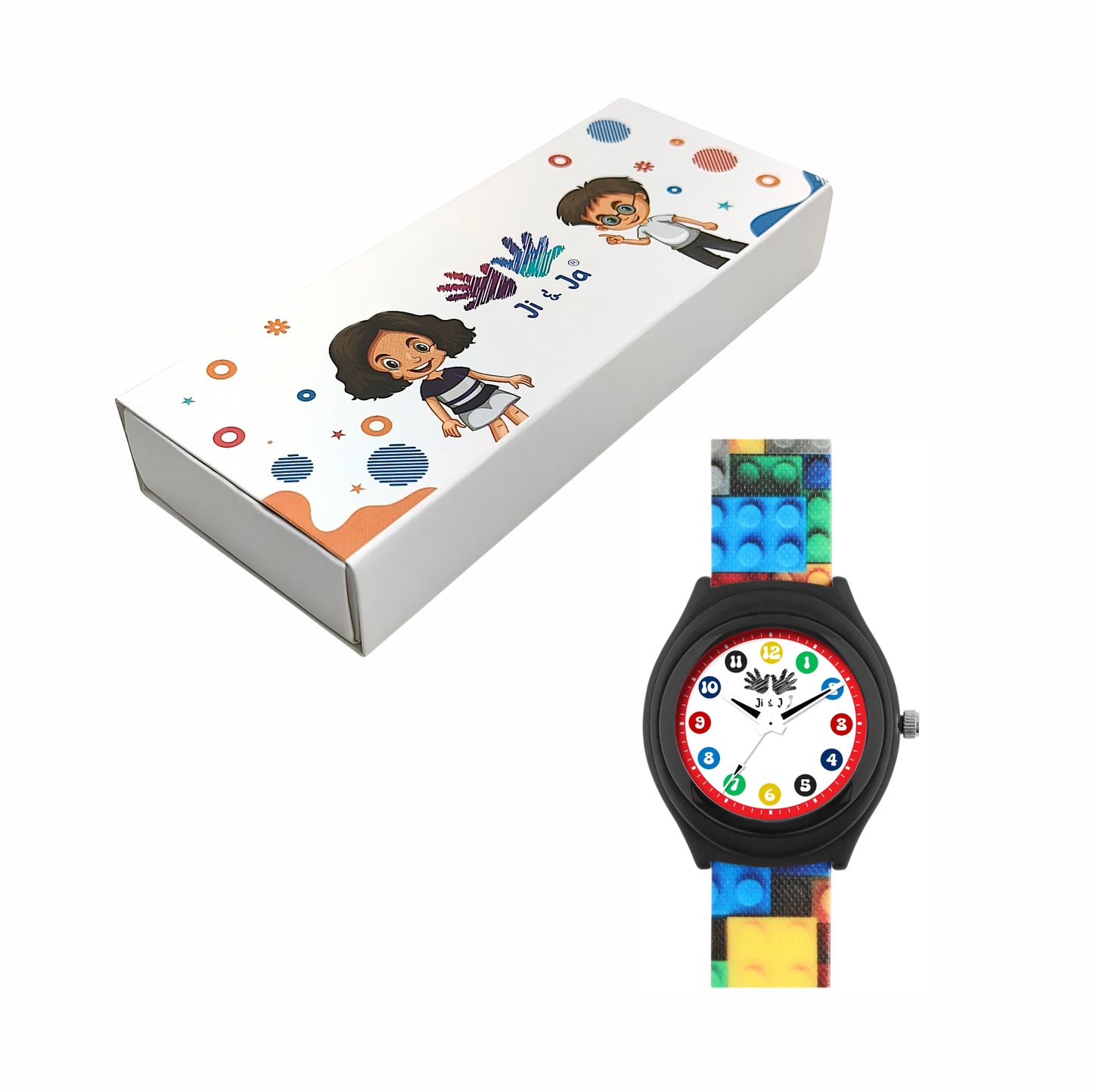 Kids’ White Dial Analog Watch with Black Case and Colorful Block Print Silicone Strap - JJ223