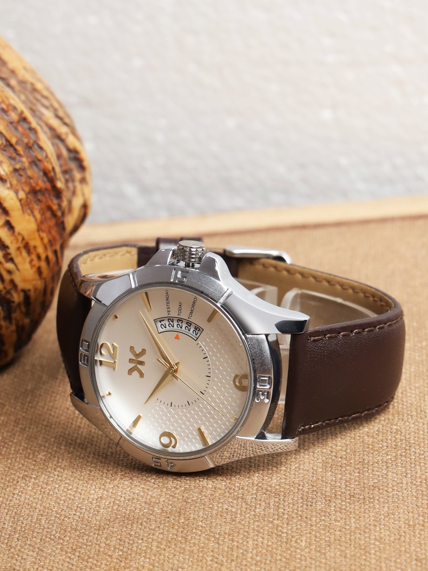 Men's Two-tone, Silver Skeleton Dial, Brown Leather Strap, Date Watch KLMO103D