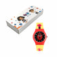 Kids’ Black Dial Analog Watch with Red Case and Yellow Printed Silicone Strap - JJ211