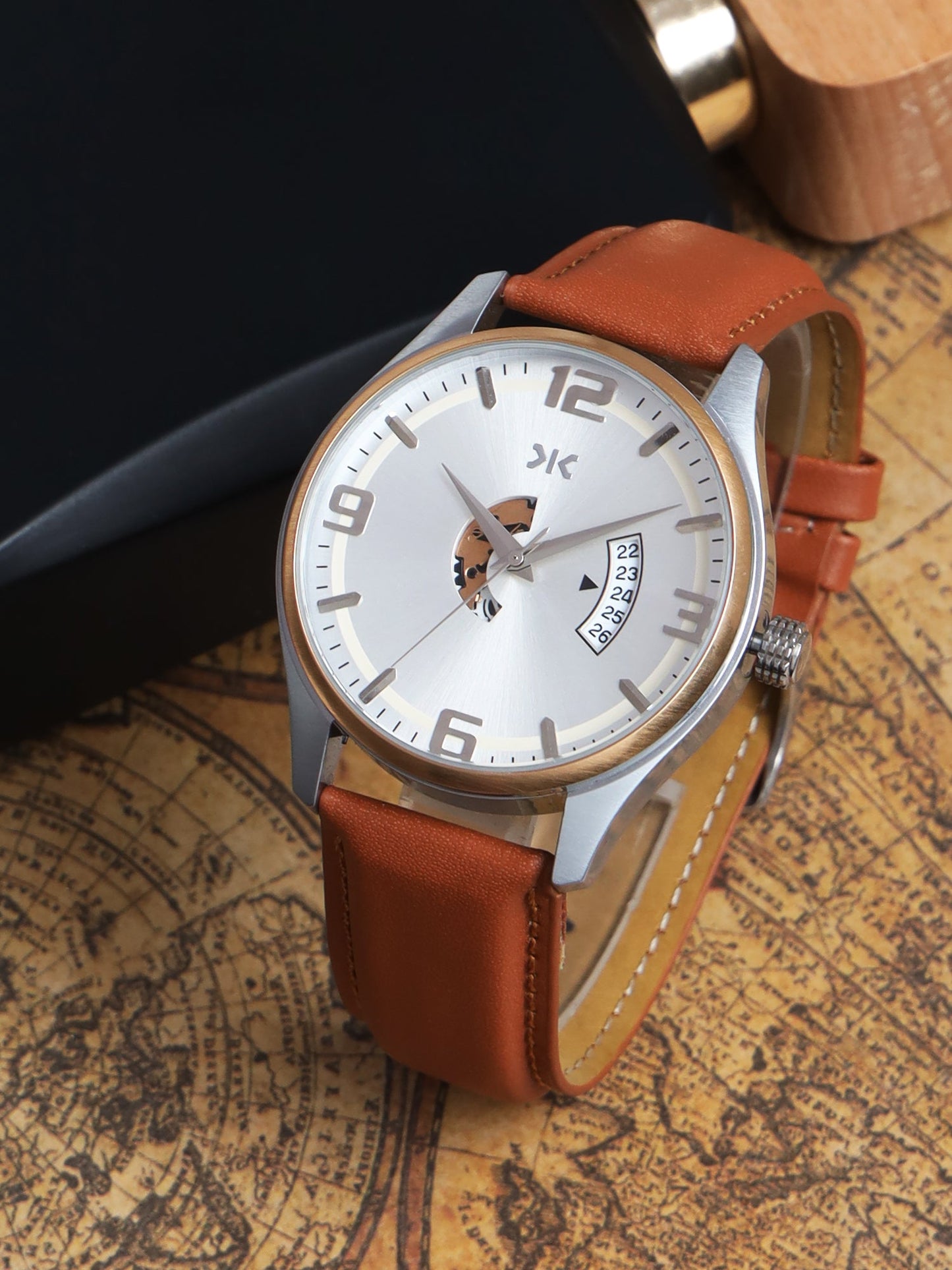 Men's Two-tone, Silver Skeleton Dial, Brown Leather Strap, Date Watch KLMO103D