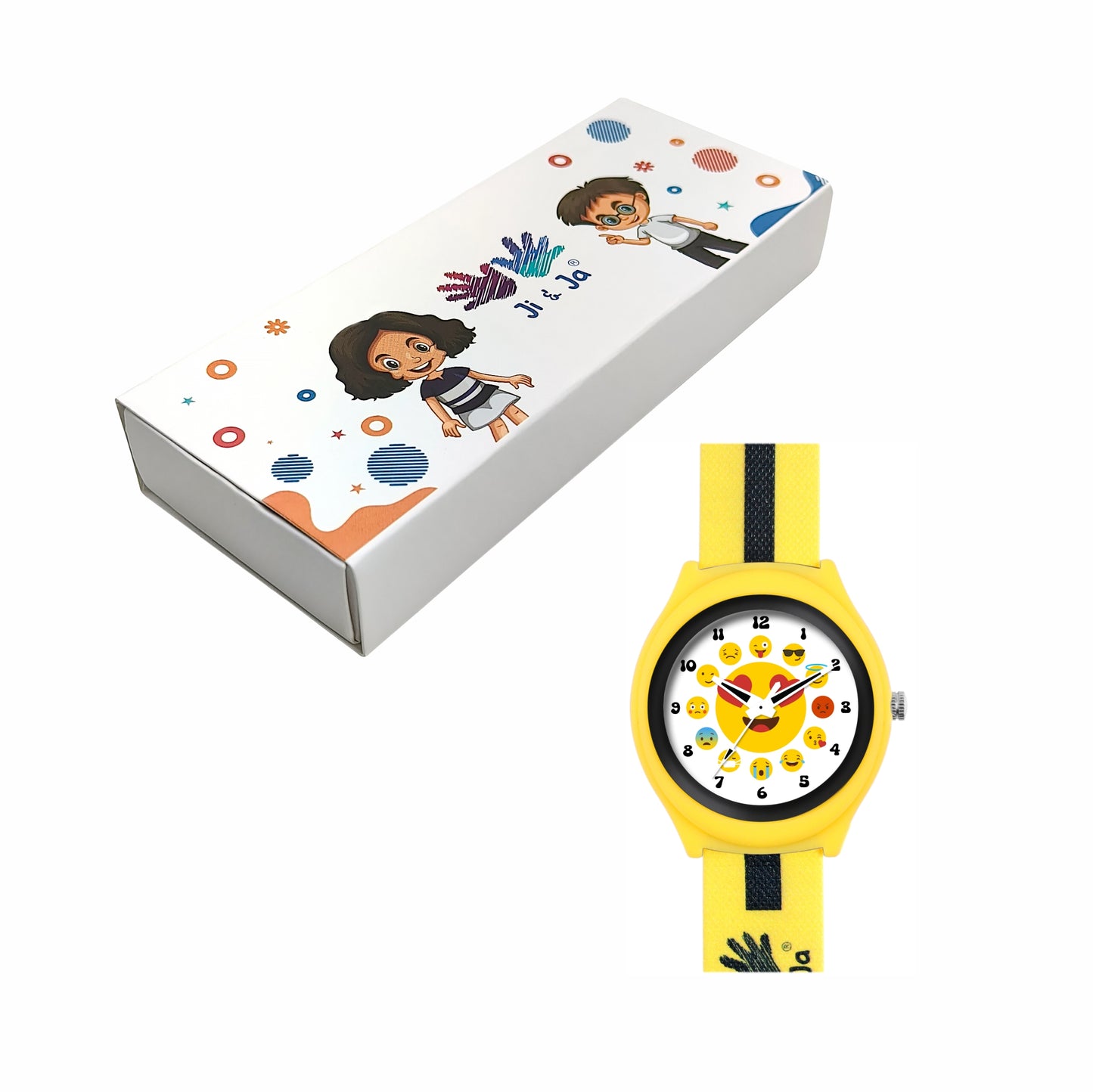 Kids’ White Dial Analog Watch with Emoji Print Silicone Strap & Yellow Case - JJ222