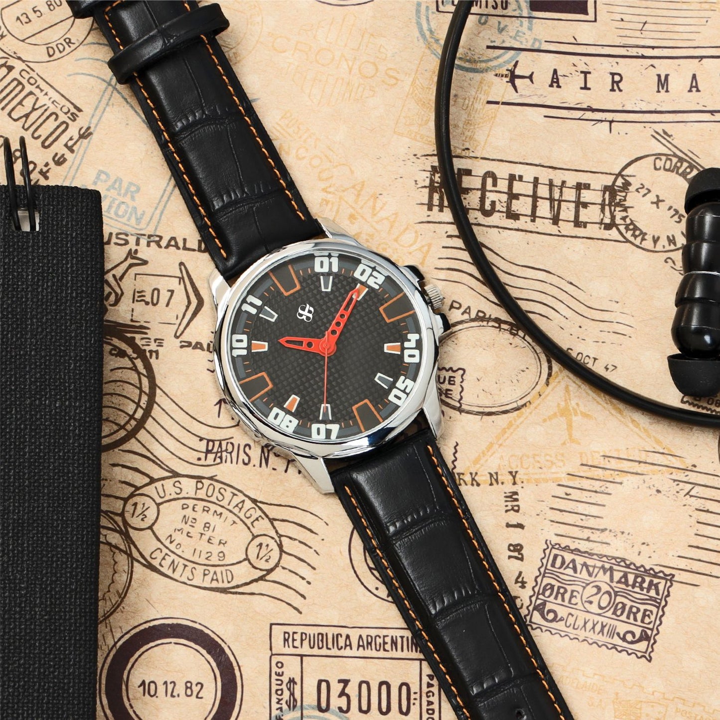 Men’s Sporty Black Dial Analog Watch with Orange Accents & Black Leather Strap - BSM073C