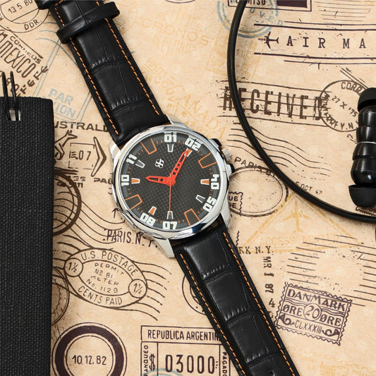 Men’s Sporty Black Dial Analog Watch with Orange Accents & Black Leather Strap - BSM073C