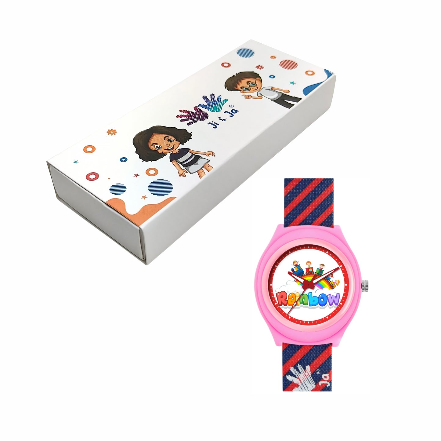 Kids’ Rainbow Theme Analog Watch with Pink Case and Striped Strap - JJ226
