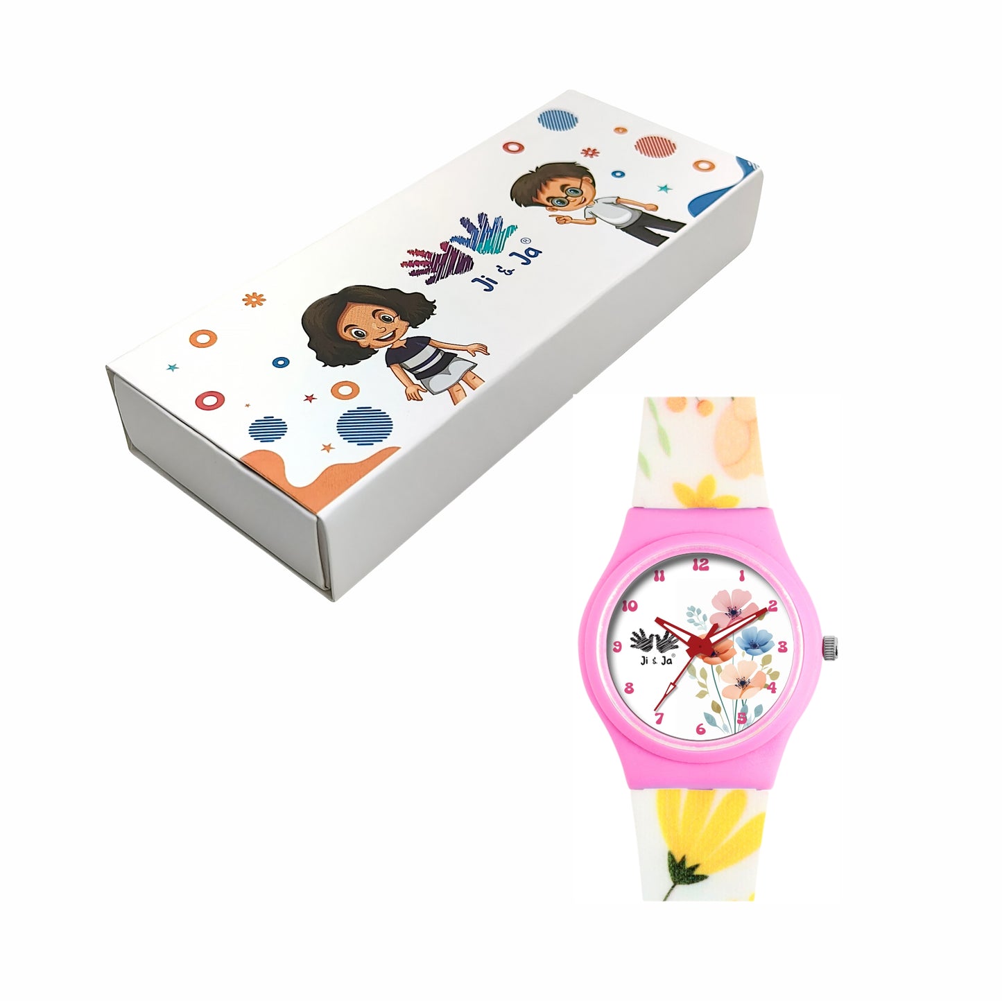 Kids’ White Dial Analog Watch with Floral Silicone Strap & Pink Case - JJ218