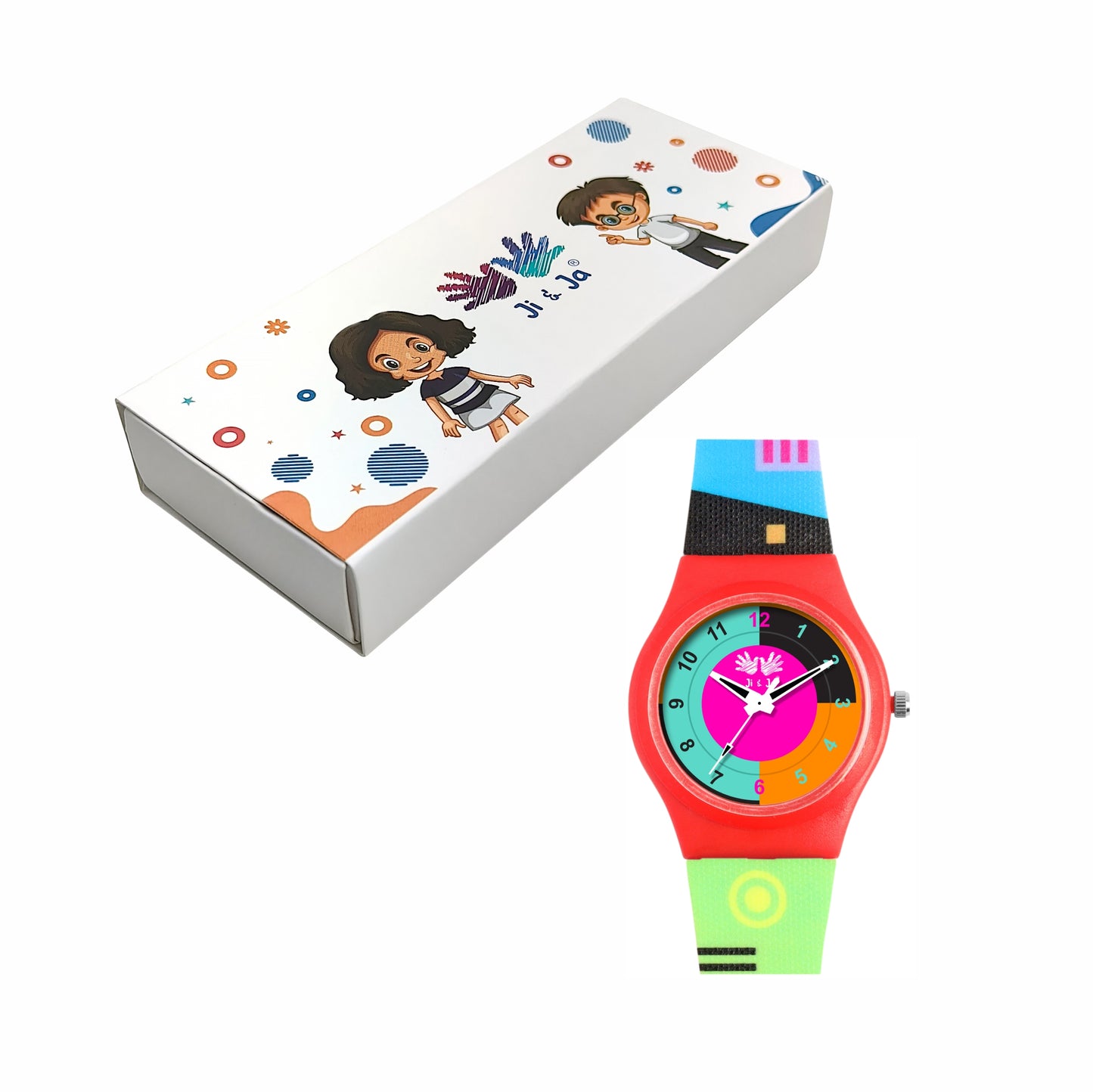 Kids’ Red Dial Analog Watch with Multicolor Silicone Strap - JJ210