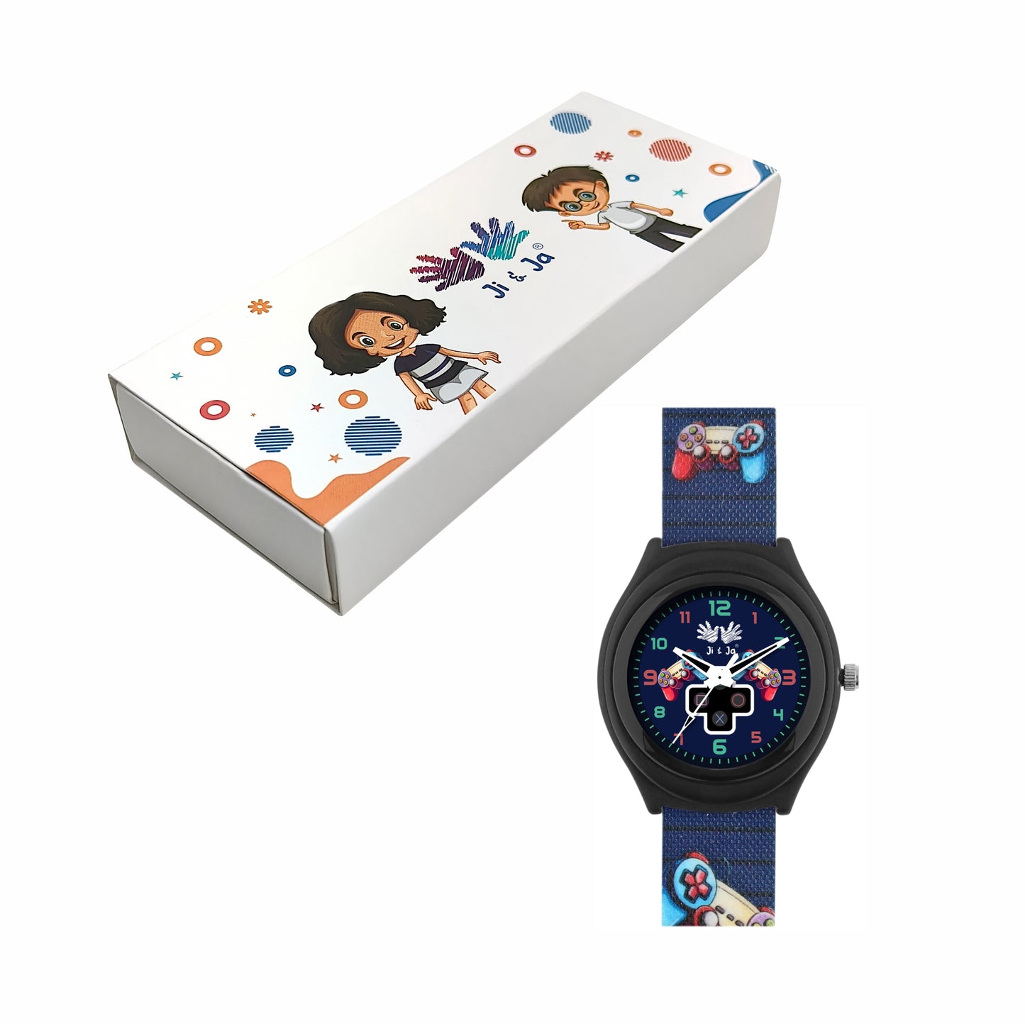 Kids’ Black Dial Analog Watch with Gaming Print Silicone Strap and Black Case - JJ202