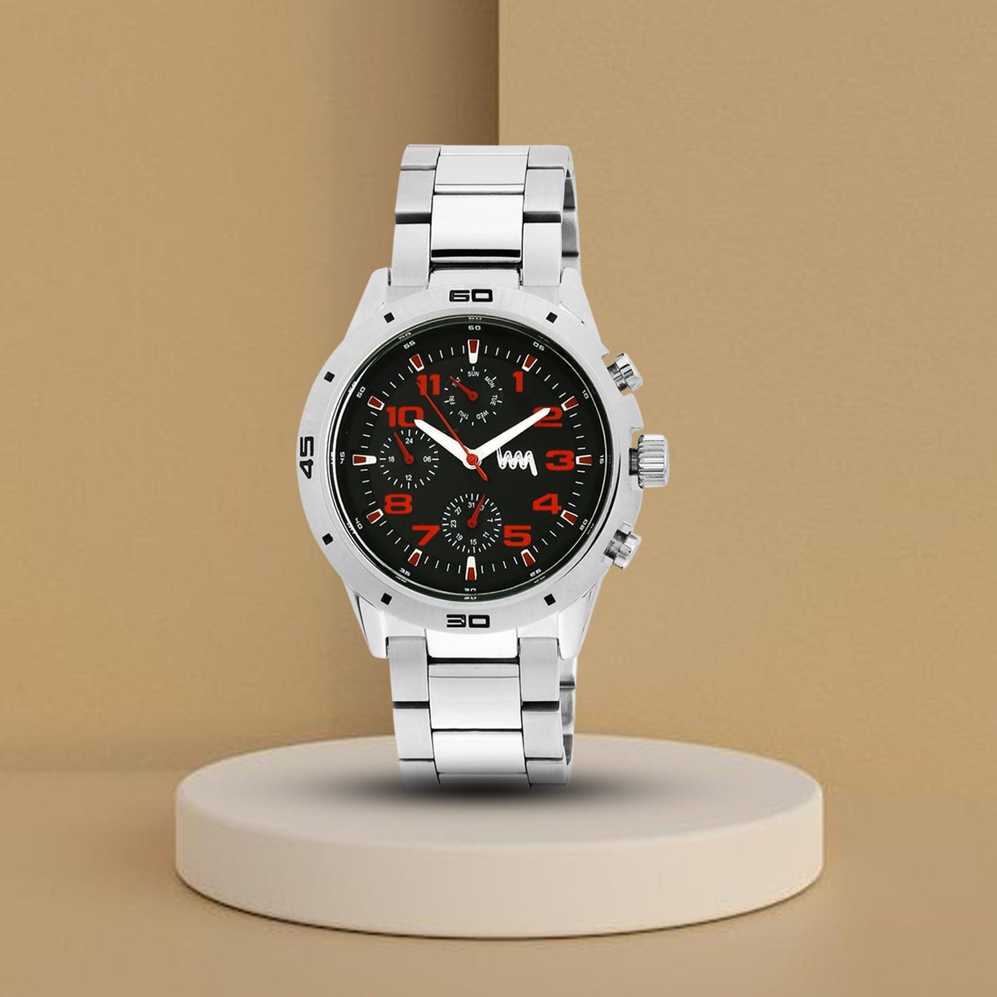 Men Multifunctional Silver Case, Black & Red Dial with Silver Stainless Steel Bracelet Watch LWM010002M