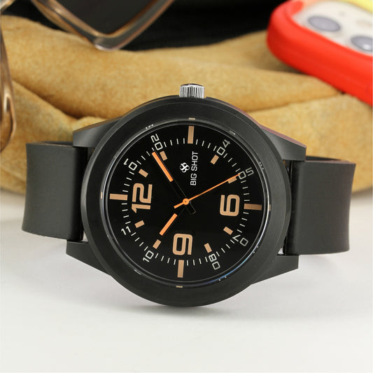 Men’s Black Dial Analog Watch with Golden Numerals & Black Silicone Strap - BSM021A