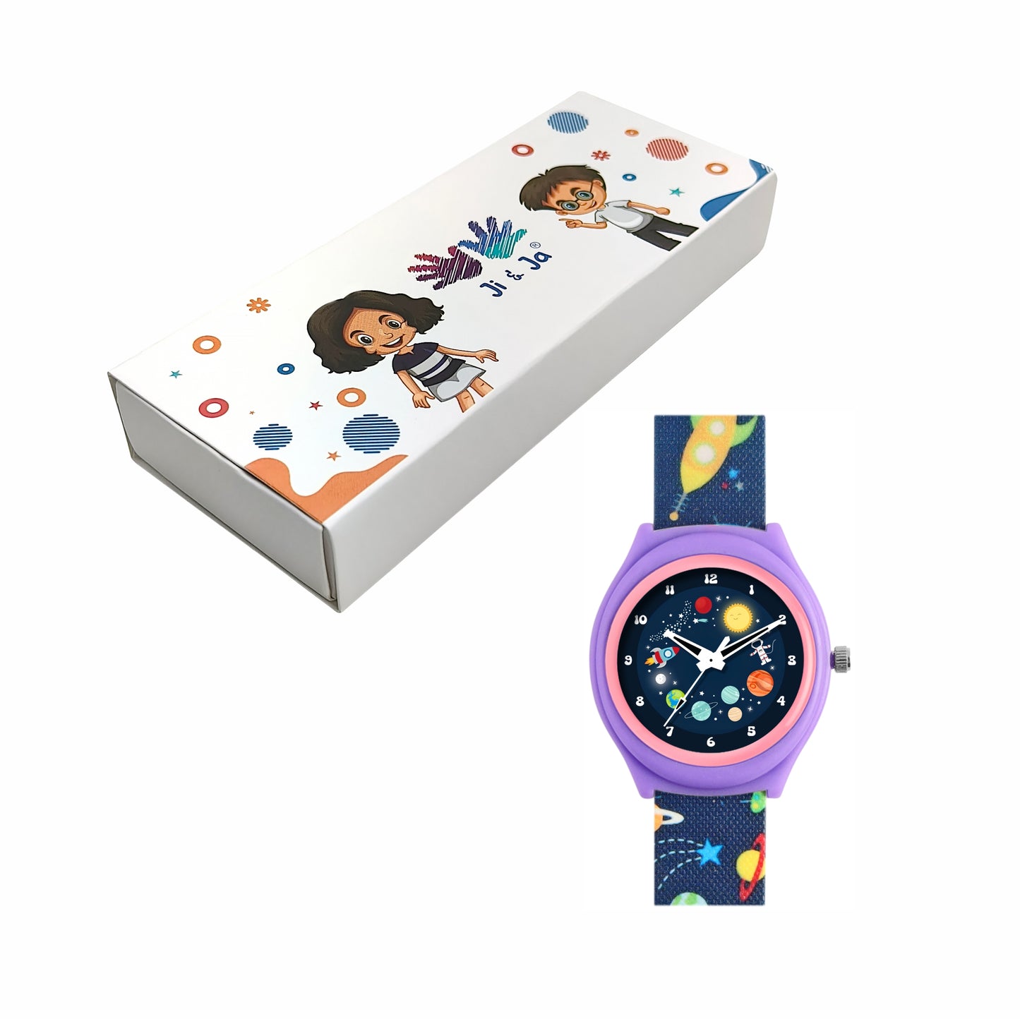 Kids’ Black Dial Analog Watch with Space Print Silicone Strap - JJ207