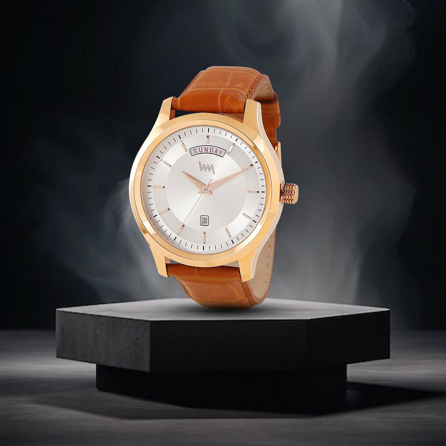 Men Rose Gold Case Silver Skeleton Dial Brown Croco Leather Strap Day-Date Watch LWM111D