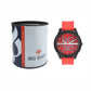 Men’s Bold Red Dial Analog Watch with Black Case & Red Strap - BSM020D
