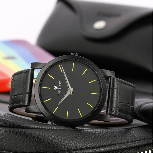 Men’s Black Dial Minimalist Analog Watch with Leather Strap - BSM015H