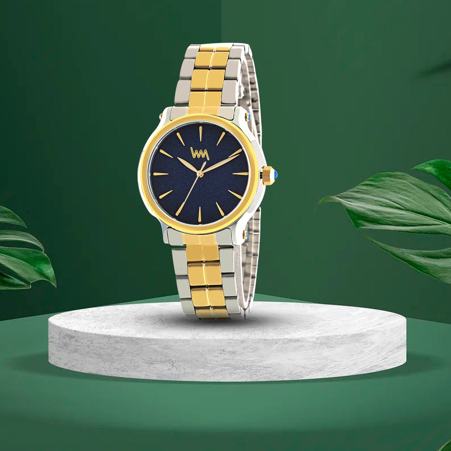 Women All Stainless Steel Gold Two Tone, Blue Shimmer Dial, Two Tone Gold Silver Stainless Steel Bracelet Watch LWWI103E