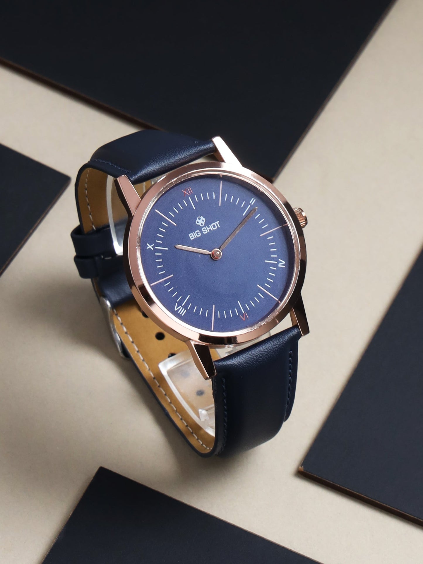 Men's Rose Gold Blue Leather Strap Watch BSM002D