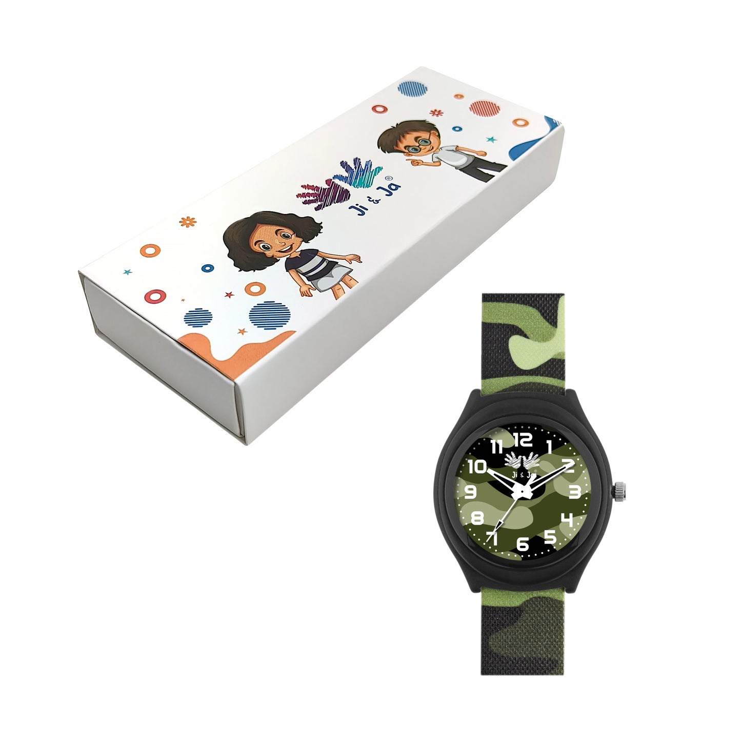 Kids’ Green Camouflage Dial Analog Watch with Black Case and Silicone Strap - JJ201