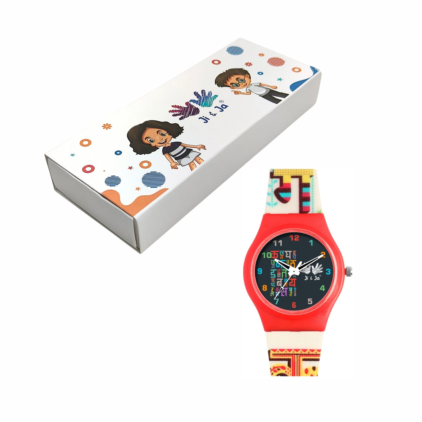 Kids’ Hindi Alphabet Theme Analog Watch with Red Case & White Silicone Strap - JJ213
