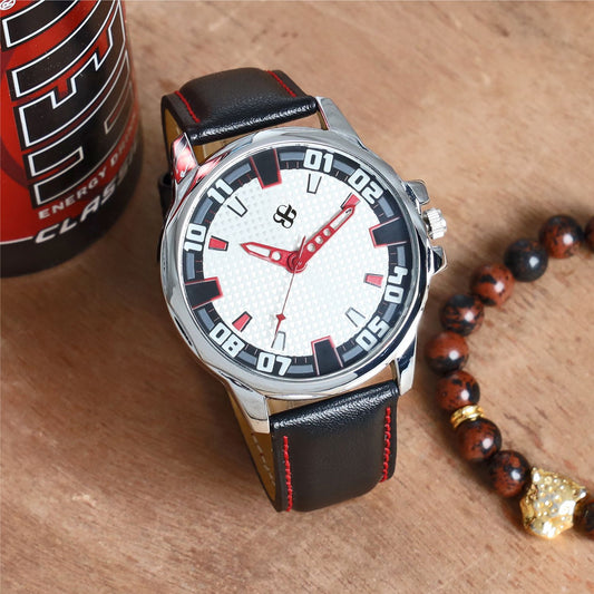 Men’s White Dial with Black Leather Strap Analog Watch - BSM073A